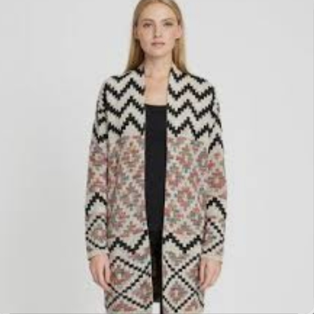Dreamers Zigzag and Floral Cardigan - Black, Cream, Pink